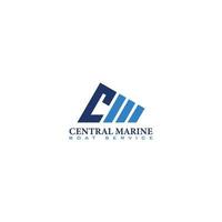 lettre initiale abstraite c et m logo en couleur bleue isolé sur fond blanc appliqué pour le logo du centre de vente et de service de bateaux également adapté à la marque ou à l'entreprise qui a le nom initial cm ou mc vecteur