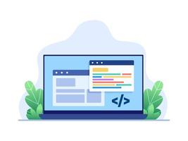 illustration de programmation web dans un ordinateur portable. construire un site Web ou un logiciel avec un langage de programmation. peut être utilisé pour le site Web, l'application et votre projet personnel. vecteur