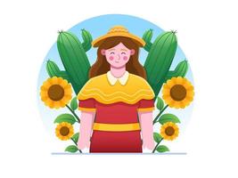 illustration de dessin animé de vecteur de festa junina avec femme heureuse porter sombrero et robe, avec un beau fond de tournesol et de cactus. peut être utilisé pour la carte postale, la carte de voeux, l'impression, le modèle, le web, etc.