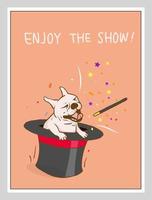 chien de cirque bouledogue français exécutant un spectacle de cirque.fun avec chapeau de magicien. conception d'affiches, de cartes postales et de couvertures vecteur