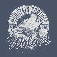 Mountain Springs 1873 wolf vintage t shirt.can être utilisé pour l'impression de t-shirt, l'impression de tasse, les oreillers, la conception d'impression de mode, les vêtements pour enfants, la douche de bébé, les salutations et les cartes postales. conception de t-shirt vecteur