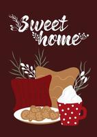 bonnes vacances d'hiver. sweet home hot drinks.cozy vector collection dans les couleurs rouges et vertes. affiches d'hiver. compositions prêtes à l'emploi. style hygge mignon.