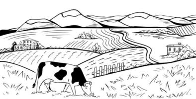 gravure de campagne. croquis de paysage naturel vintage avec collines rurales, vache, champs et maison de ferme. vecteur illustration dessinée à la main prairie de campagne avec terres agricoles, vignes et moulin à vent