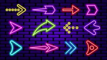 flèches lumineuses au néon sur le mur de briques. pointeurs violets avec éclairage rouge et vert. enseignes électriques pour bars de nuit et casinos avec décoration vectorielle laser colorée vecteur