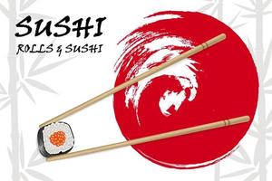 image vectorielle réaliste de sushi avec des bâtons de bambou sur le fond du coup de pinceau en bambou et cercle rouge. fond de menu de sushi de restaurant. publicité pour les sushis vecteur