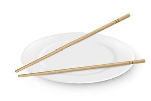 plaque blanche ronde réaliste de vecteur avec des bâtons de bambou allongés dessus. décoration design de la cuisine est-asiatique
