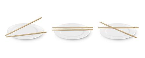 assiettes rondes réalistes de vecteur avec des bâtons de bambou. illustration du service de table de sushi. vue de dessus