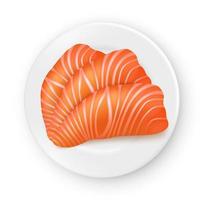vecteur de quartiers de saumon réalistes sur une assiette en porcelaine blanche. illustration de fruits de mer. vue d'en-haut