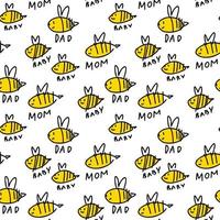 modèle sans couture blanc mignon doodle famille abeille, dessiné à la main minimaliste. texture d'été, textile d'insecte, fond d'écran de texte pour enfants. vecteur