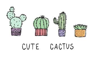 texte de cactus de dessin animé mignon. collection de cactus. plante dans l'illustration de doodle isolé à la maison. vecteur