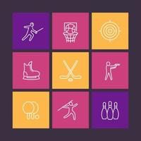 sports, jeux, icônes de ligne de sport d'équipe dans des carrés de couleur, illustration vectorielle vecteur