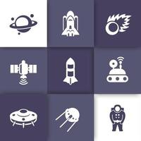 ensemble d'icônes spatiales, planète avec ceinture d'astéroïdes, comète, astronaute, ovni, satellite, sonde spatiale, navette, fusée vecteur