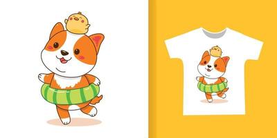 corgi mignon et canard avec dessin animé d'anneau de bain pour t-shirt. vecteur