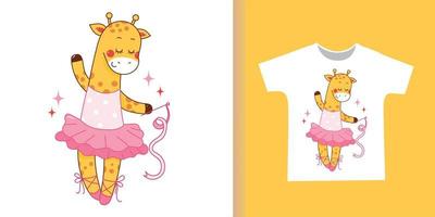 T-shirt mignon de bande dessinée de ballet de girafe pour des enfants. vecteur