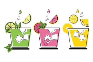 un ensemble de cocktails rafraîchissants colorés avec des fruits, des glaçons et des pailles. illustration d'été, vecteur