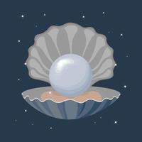 illustration, perle blanche dessinée dans une coquille de mer sur un fond bleu nuit avec des étoiles. design coloré, clipart, affiche