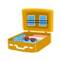 valise de voyage ouverte avec vêtements et lunettes de soleil, icône, illustration de voyage, image vectorielle vecteur