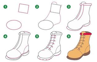 instructions pour dessiner la botte. suivez étape par étape pour dessiner le démarrage. feuille de travail pour enfant apprenant à dessiner une botte. jeu pour la page de vecteur enfant. schéma de démarrage de dessin.