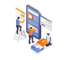 concept d'illustration isométrique à plat. l'équipe construit une application pour smartphone et la maintenance vecteur