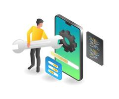 concept d'illustration isométrique à plat. l'homme est en train de mettre à niveau l'application de données du smartphone vecteur
