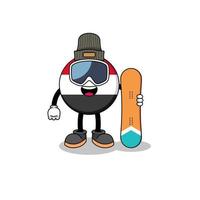 caricature de mascotte du joueur de snowboard du drapeau du yémen vecteur