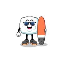 caricature de mascotte de nuage en tant que surfeur vecteur