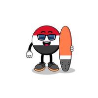 caricature de mascotte du drapeau du yémen en tant que surfeur vecteur
