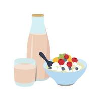 un petit déjeuner sain. un bol de flocons d'avoine avec des tranches de fruits et une cuillère de lait. illustration vectorielle.
