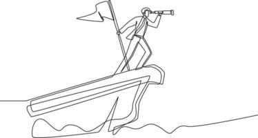 une ligne continue dessinant un homme d'affaires debout avec des jumelles et un drapeau sur la pointe d'un bateau regardant une bonne opportunité commerciale. illustration graphique vectorielle de dessin à une seule ligne. vecteur