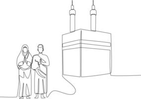 une ligne continue dessinant les pèlerins du hajj saluant devant la kaaba. concept de hajj et umrah. illustration graphique vectorielle de dessin à une seule ligne. vecteur
