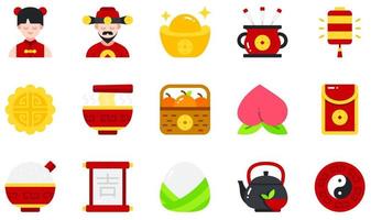 ensemble d'icônes vectorielles liées au nouvel an chinois. contient des icônes telles que le dieu de la richesse, l'or, le bâton d'encens, le gâteau de lune, la pêche, l'enveloppe rouge et plus encore. vecteur