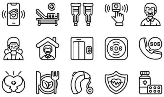ensemble d'icônes vectorielles liées à la maison de retraite. contient des icônes telles que l'application, le lit, les béquilles, l'oxymètre de pouls, les personnes âgées, l'appel d'urgence, etc. vecteur
