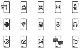 ensemble d'icônes vectorielles liées aux fonctions mobiles. contient des icônes telles que le paiement en ligne, l'appel téléphonique, le code qr, les paramètres, le transfert, le téléchargement et plus encore. vecteur