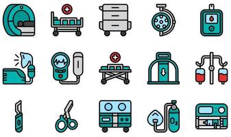 ensemble d'icônes vectorielles liées à l'équipement médical. contient des icônes telles que irm, chariot, lecteur de glycémie, nébuliseur, civière, scalpel et plus encore. vecteur