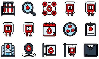 ensemble d'icônes vectorielles liées au don de sang. contient des icônes telles que test sanguin, calendrier, érythrocytes, rapport de santé, transfusion, poids et plus encore. vecteur