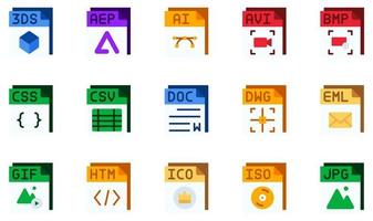 ensemble d'icônes vectorielles liées aux fichiers. contient des icônes telles que fichier avi files, fichier ai, fichier avi, fichier doc, fichier gif, fichier jpg et plus encore. vecteur