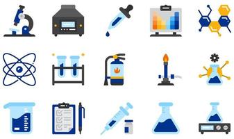 ensemble d'icônes vectorielles liées au laboratoire de chimie. contient des icônes telles que microscope, centrifugeuse, compte-gouttes, moléculaire, atome, bécher et plus encore. vecteur