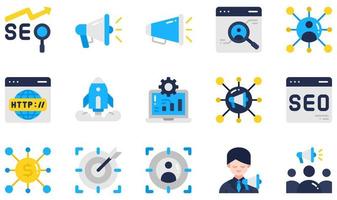 ensemble d'icônes vectorielles liées au référencement et au marketing. contient des icônes telles que le référencement, le mégaphone, le mégaphone, les médias sociaux, le site Web, le marketing social, etc. vecteur