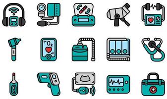 ensemble d'icônes vectorielles liées à l'équipement médical. contient des icônes telles que l'audiomètre, la pression artérielle, la centrifugeuse, le colposcope, le défibrillateur, l'otoscope et plus encore. vecteur