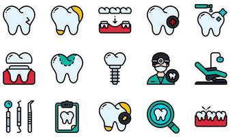 ensemble d'icônes vectorielles liées aux soins dentaires. contient des icônes telles que la dent cassée, la carie, les soins dentaires, la couronne dentaire, le remplissage dentaire, le dentiste et plus encore. vecteur