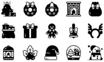 ensemble d'icônes vectorielles liées à la décoration de noël. contient des icônes telles que l'arbre de Noël, la guirlande de Noël, la cheminée, le sac cadeau, le pain d'épice, la clochette et plus encore. vecteur