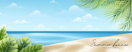 concept de bannière d'été et de vacances sur la belle plage tropicale et fond de feuillage vecteur