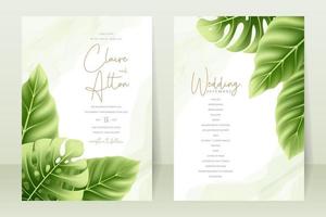 concept d'invitation de mariage avec des feuilles tropicales réalistes vecteur