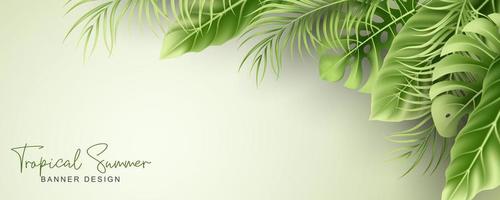 bannière d'été élégante avec des feuilles tropicales réalistes vecteur