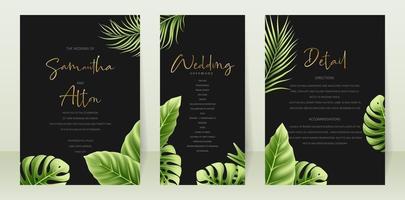 modèle d'invitation de mariage avec des feuilles d'été tropicales réalistes vecteur