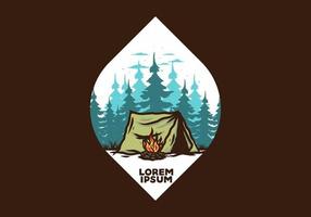 camping en forêt avec insigne d'illustration de feu de joie vecteur