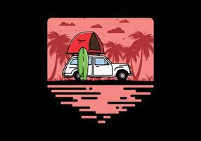 illustration d'une voiture avec une tente de toit et une planche de surf sur le côté vecteur