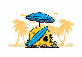 illustration du crâne avec une planche de surf sous un parasol
