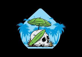 illustration du crâne avec une planche de surf sous un parasol vecteur