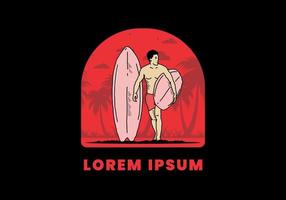 l'homme torse nu tenant une illustration de planche de surf vecteur